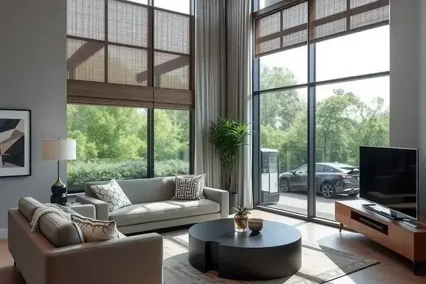 A modern living room with a large window, featuring contemporary furniture and stylish window treatments
