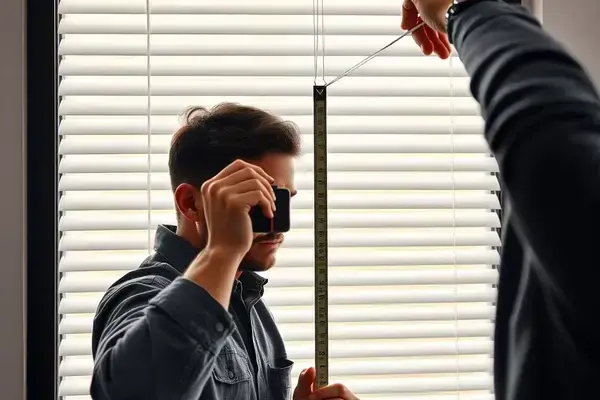 Professional blind installation showing precise measurement process