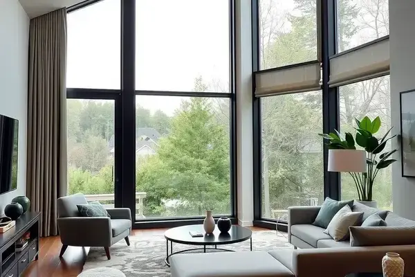 A modern living room with a large window, featuring contemporary furniture and stylish window treatments