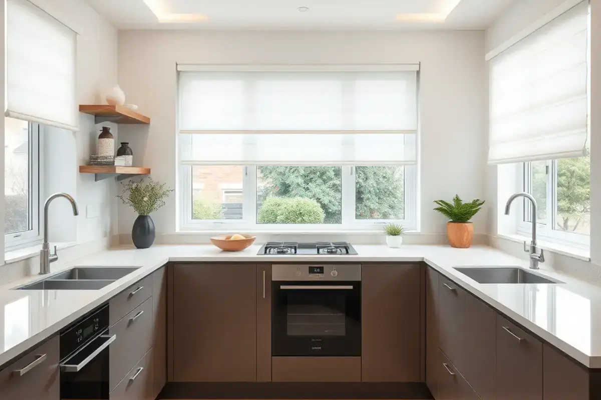 Modern kitchen with white roller blinds installation