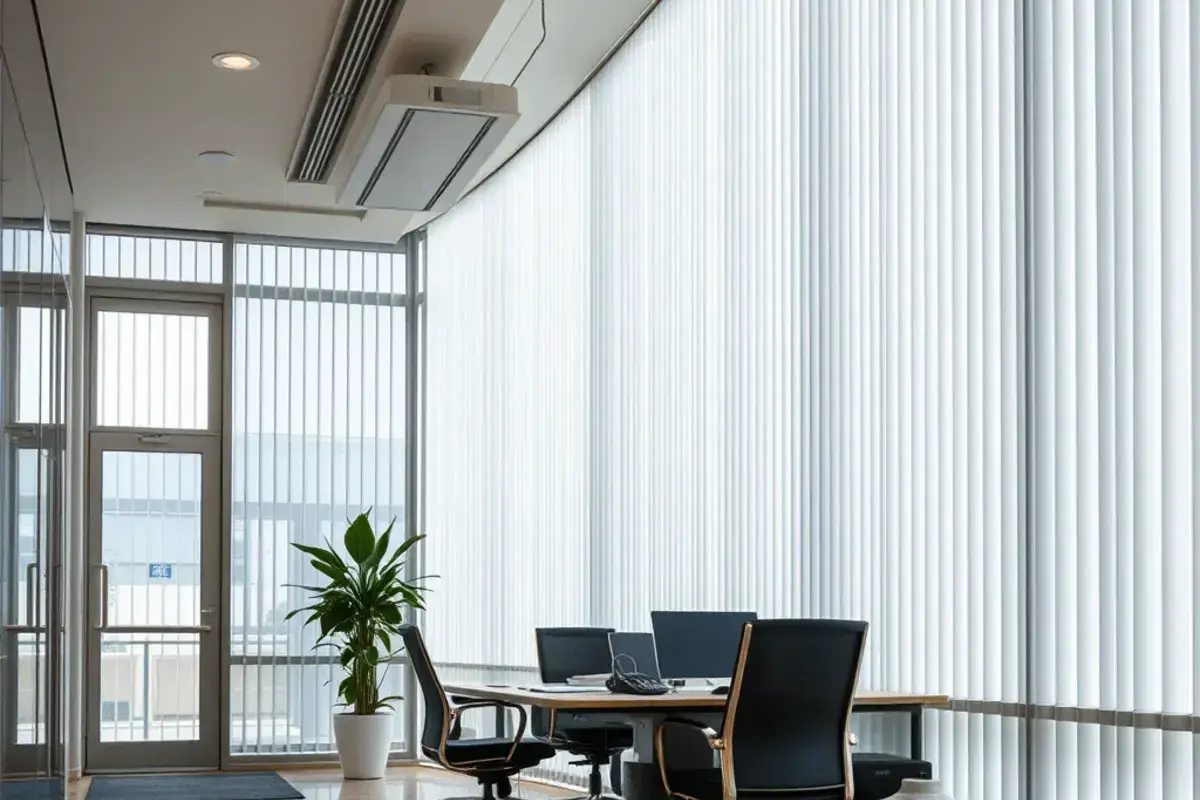 A modern living room with a large window, featuring contemporary furniture and stylish window treatments