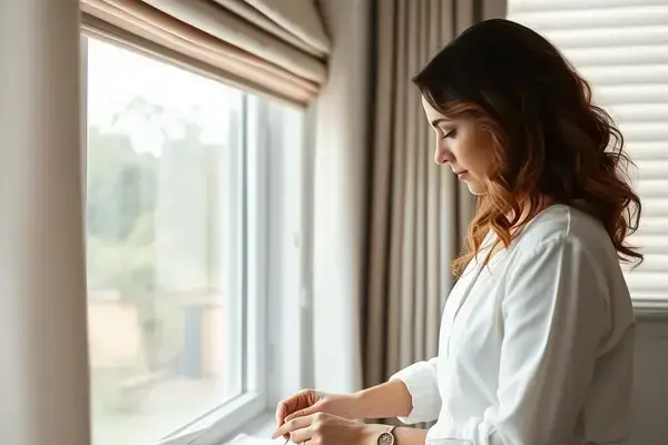 A modern living room with a large window, featuring contemporary furniture and stylish window treatments.