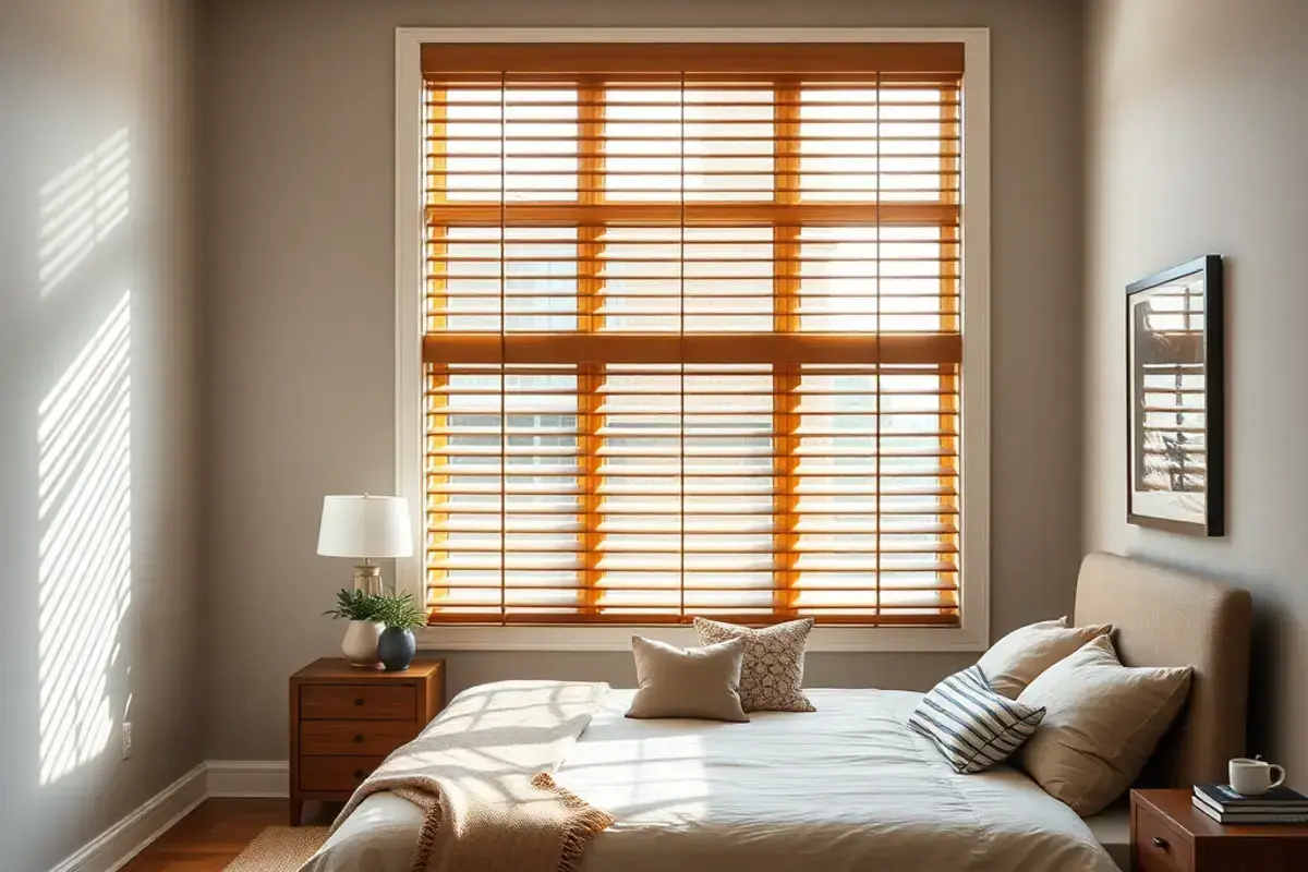 Bedroom venetian blinds with wood finish