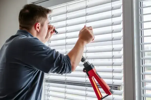 Professional installation process showing technician mounting blinds with precise technique