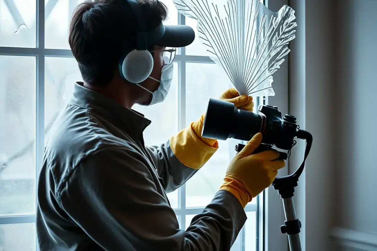 Professional window treatment maintenance and cleaning showing technician with specialized tools