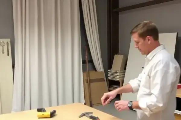 Professional workshop with tools and fabrics for drapery installation