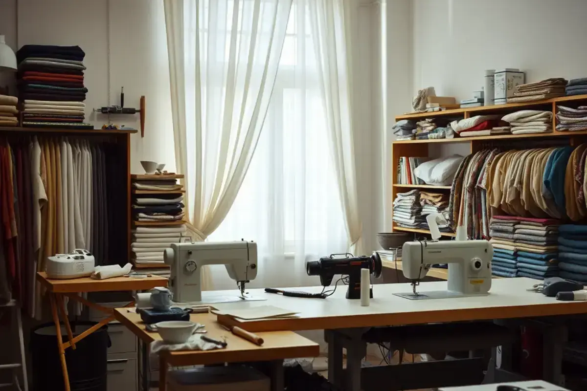 Professional workshop with tools and fabrics for drapery installation