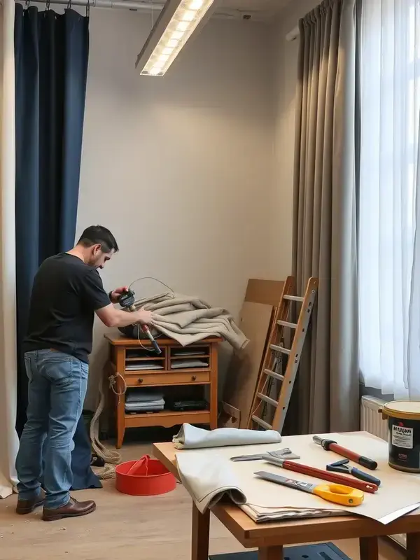 Traditional drapery workshop with vintage sewing machines and fabric samples