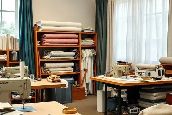 Professional workshop with tools and fabrics for drapery installation